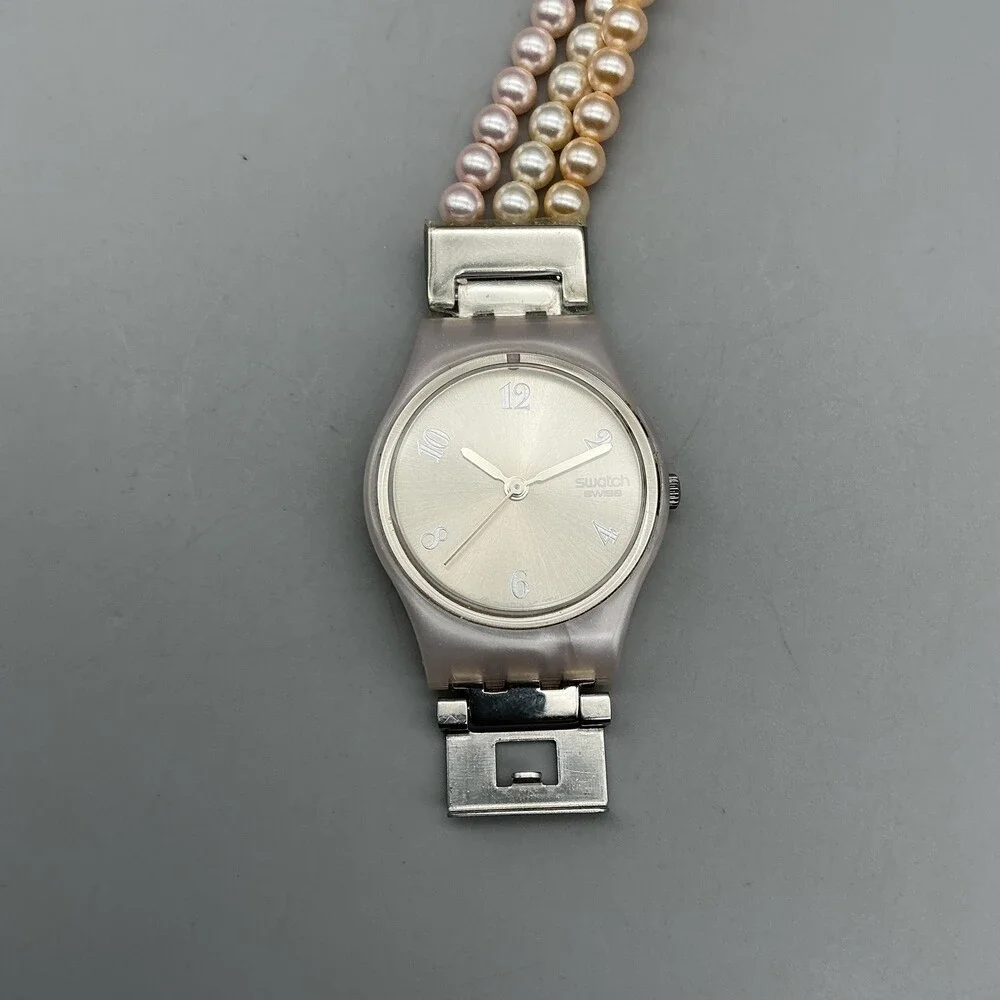 Swatch Pearl Tension Womens Watch 25mm Pink Pearl Bead Band New Battery 6.25